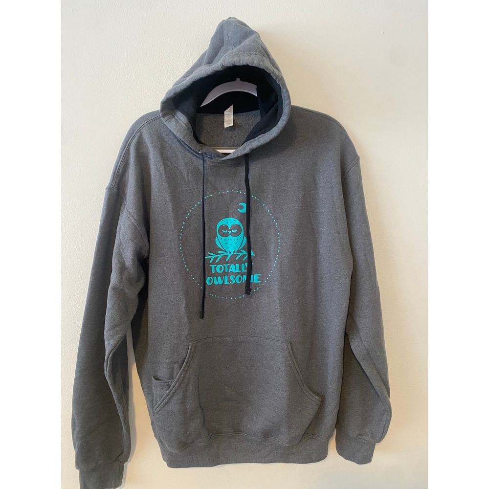 Fruit of the Loom Totally Owlsome Hoodie Gray Graphic Pullover Sweatshirt Large